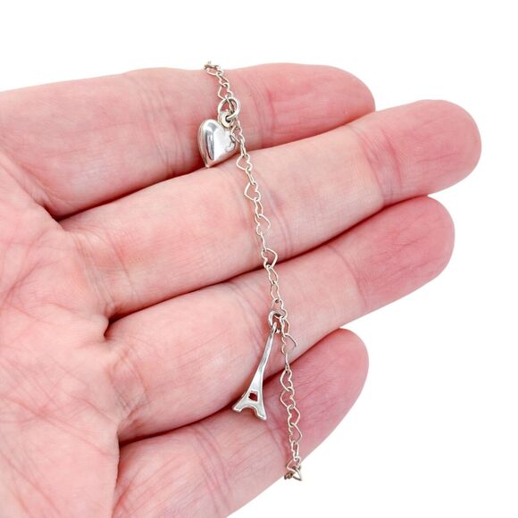 Vintage Italy Sterling Silver 925 Eiffel Tower & Heart Charm Bracelet 7.5” - Picture 1 of 6